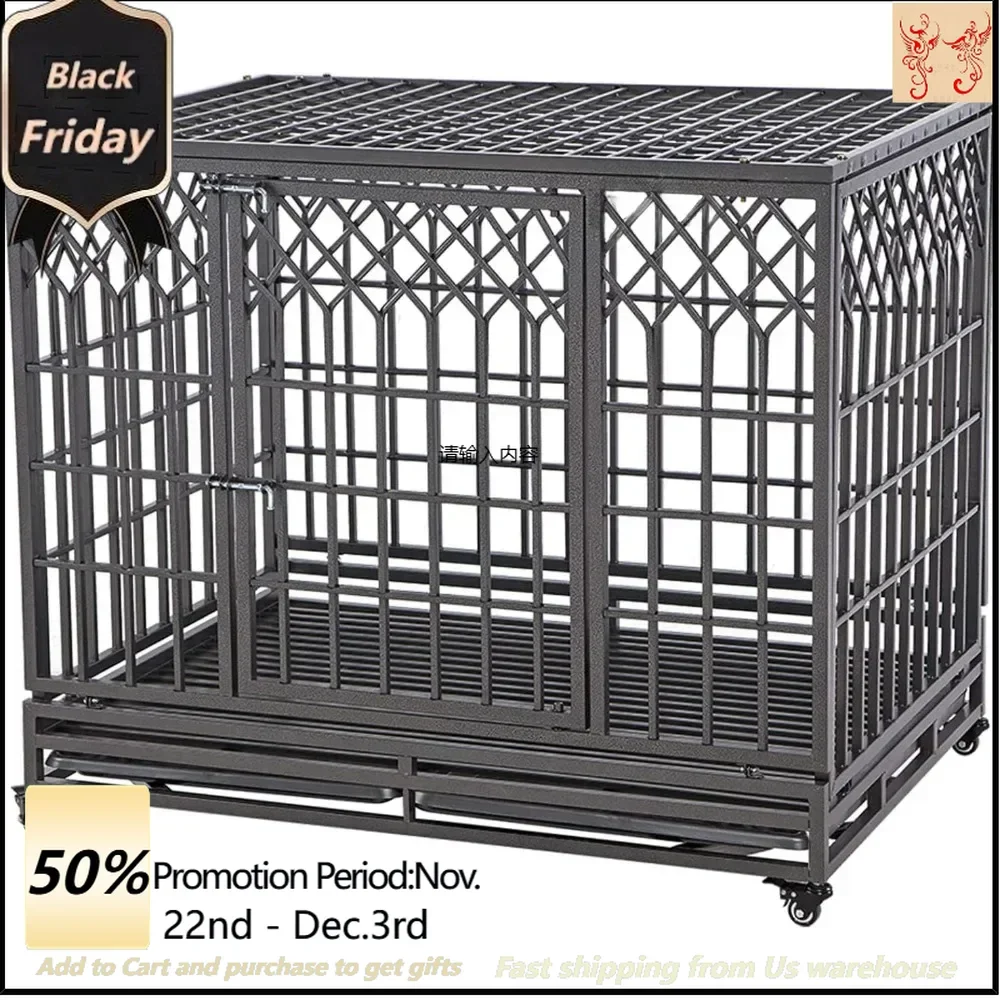 Dog Crate Strong Metal Pet Kennel Playpen with Two Prevent Escape Lock, Large Dogs Cage with Wheels Dogs Fences