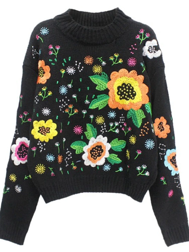 Korobov Vintage Womens Clothing Embroidered Floral Pullover Black Sweater Women Loose O Neck Knitwears Tops Fashion Sueter Mujer