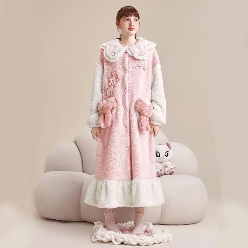 Disney MarieCat Pajamas for Women Winter Thickened Coral Velvet Nightgown Long Cute Doll Collar Home Clothes Can Be Worn Outside