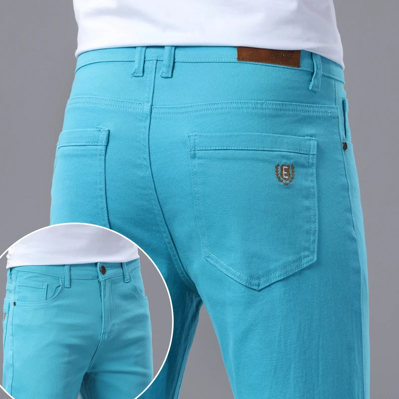 

Fashion Lake Blue Men's Elastic Jeans 2025 Spring New Fitted Straight Denim Pants Comfortable Casual Trousers Male Clothing