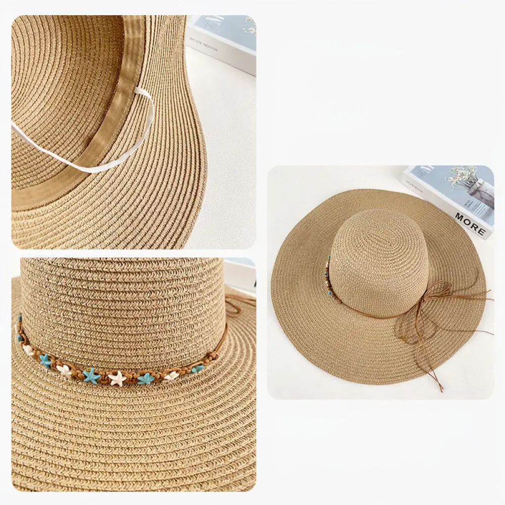 Fashion Straw Hat For Ruiya Women Summer Beach Cap Wide Brim Sun Protection Vacation Bowknot Star Decor Breathable