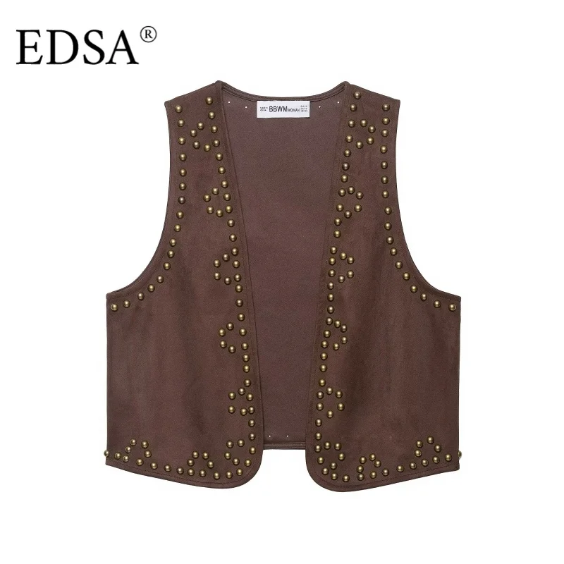 

EDSA Women Brown Studded Faux Suded Waistcoat Sleeveless Open Stitch Sleeveless Apring Autumn Tank Tops