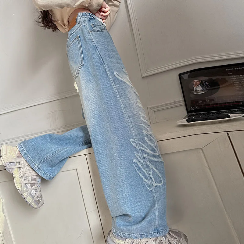 Children Fashion Street Hip Hop Letter Scratch Jeans Trousers For Girls Spring Casual Wide Leg Ripped Denim Pants For Kids 5-14Y