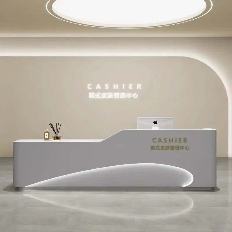 Modern Design Beauty Salon Cashier Luxury Wooden Gray Reception Desk Spa Beauty Salon With LED Lighting