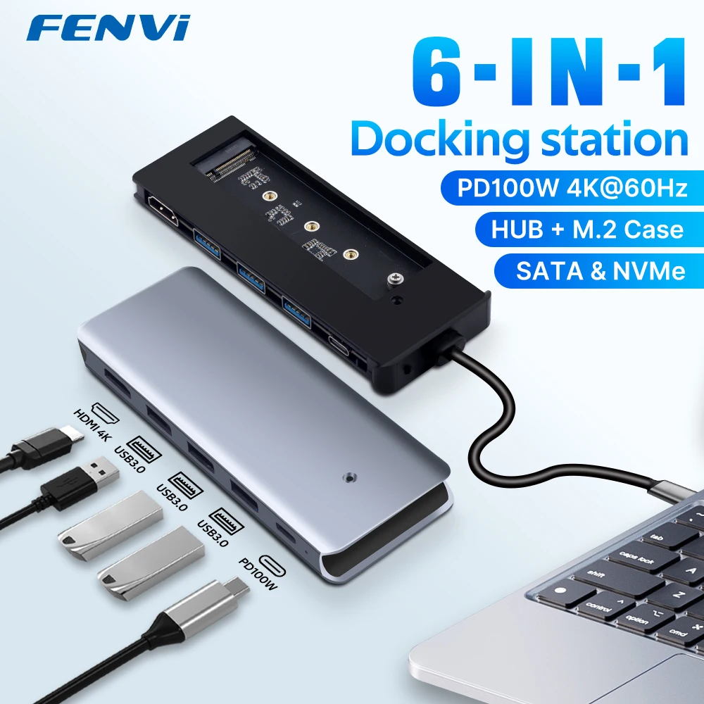 Fenvi 6 in 1 USB HUB M.2 NVMe SSD Hard Drive USB 3.0 Type C to HDMI-Compatible Adapter 100W PD For MacBook Pro Laptop PC