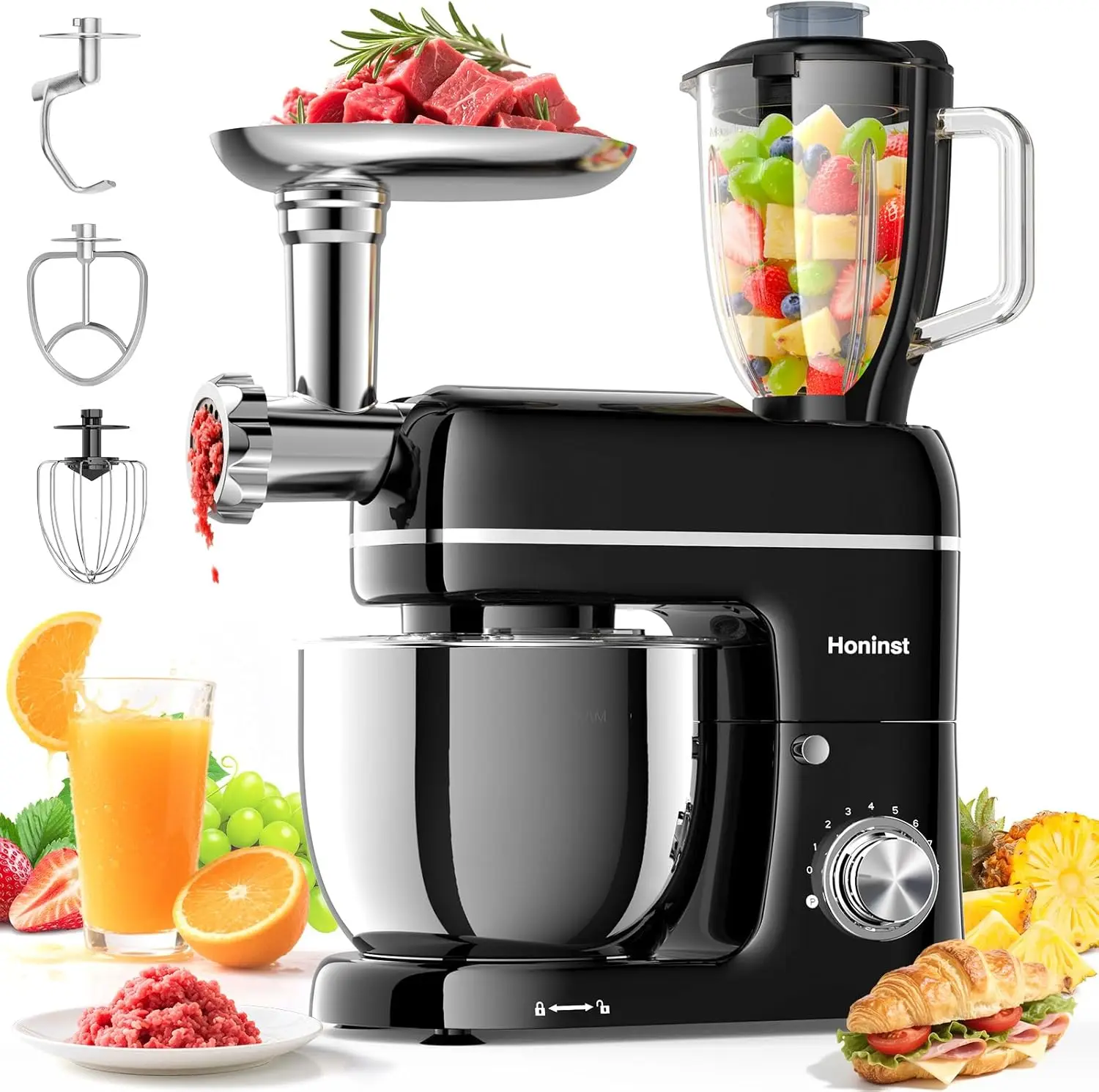 

7-in-1 Electric Stand Mixer with Blender, Meat Grinder, and Dough Hook for Baking and Cooking