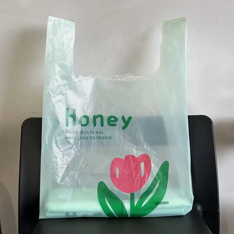 10Pcs Green Tulip Shopping Packaging Bag Plastic Cute Flower Gift Bags For Jewelry Candy Store Small Business Supermarket