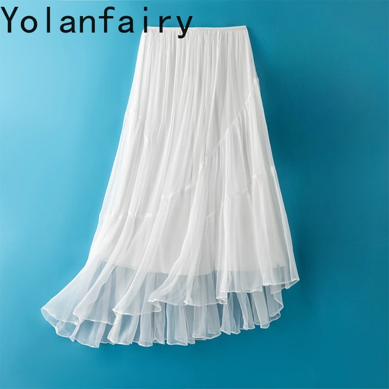 YOLANFAIRY 100% Real Mulberry Skirts for Woman Summer Fashion Beach Style Skirt Women's Clothes Vacation Irregular White Skirt