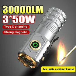 Portable Strong Light Flashlight Strong Magnetic Mini Multi-functional Rechargeable Torch Super Bright 3*50W LED Emergency Torch