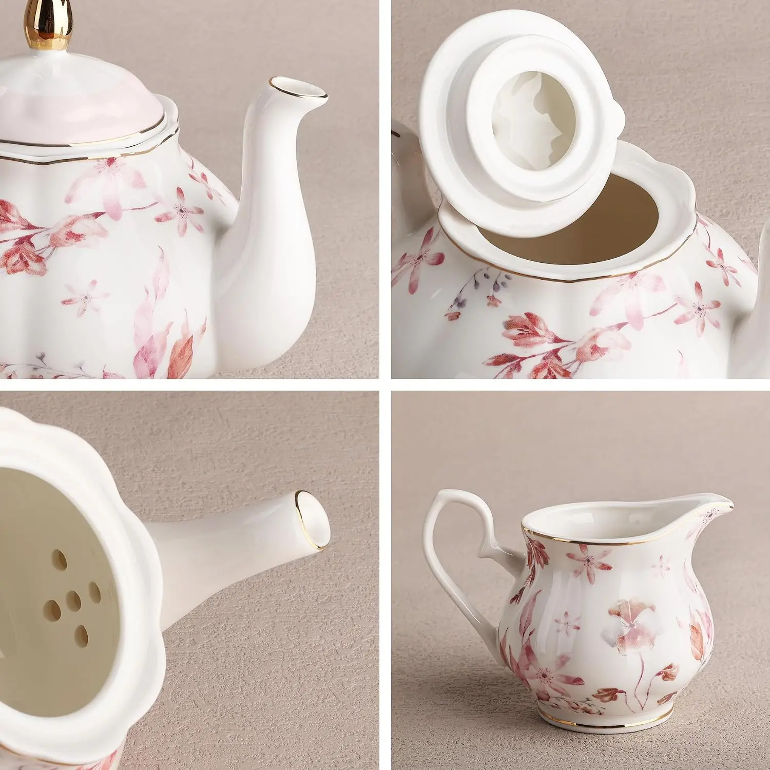 Porcelain Tea Set, 21-Piece British-Style with Pink Autumn Leaves and Floral Pattern