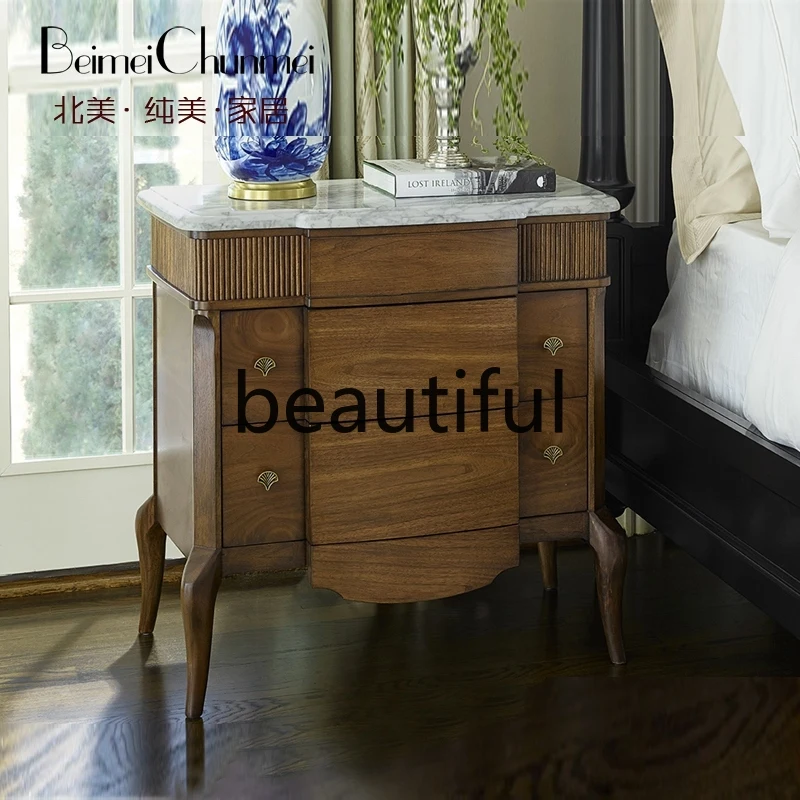 American retro bedside table European solid wood bedroom storage corner cabinet mahogany marble surface