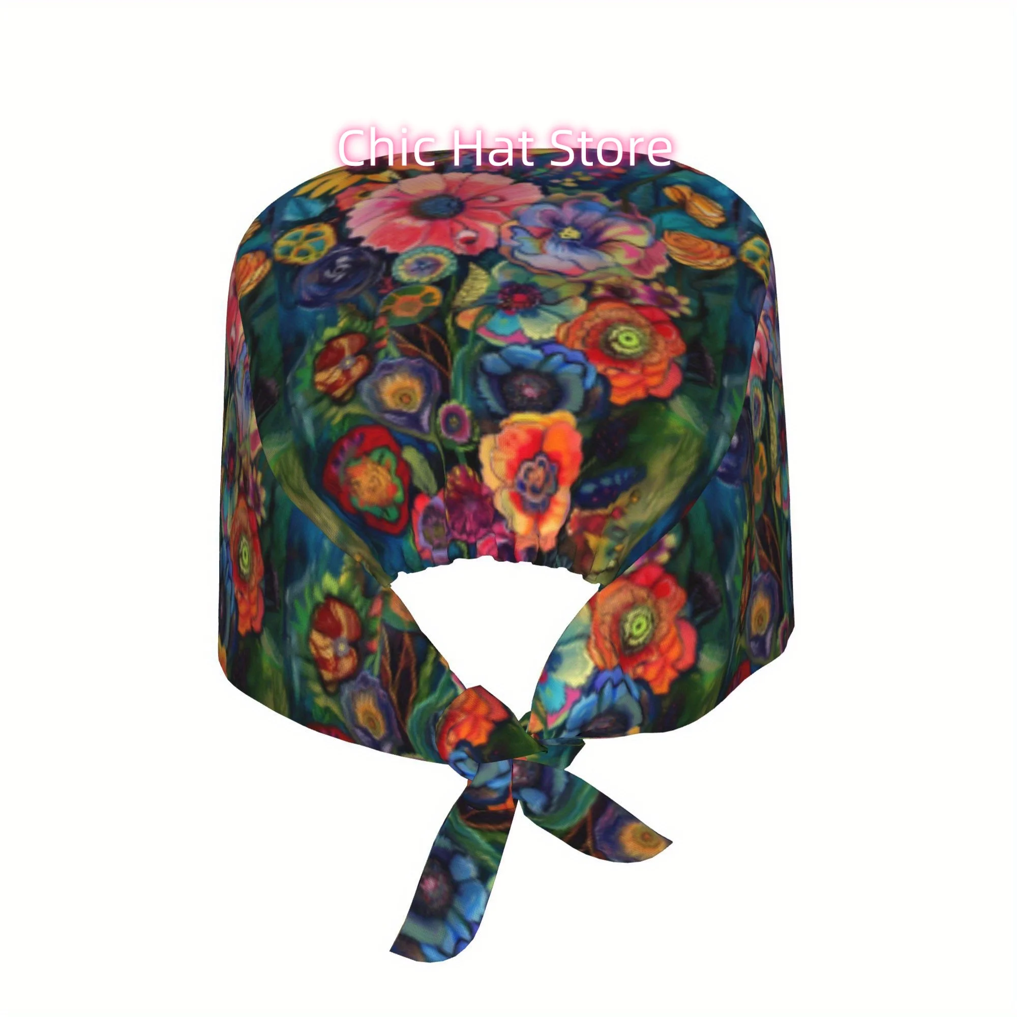 1pc Vibrant Floral Print Unisex Adjustable Work Cap - Lightweight, Dustproof Nurse & Chef Hat with Tie-Back Design, Funky Style