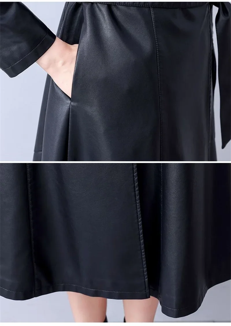 Autumn Winter Long blue Black Soft Sheepskin Leather Trench Coat for Women Belt Skirted Elegant Luxury Fashion M-5xL