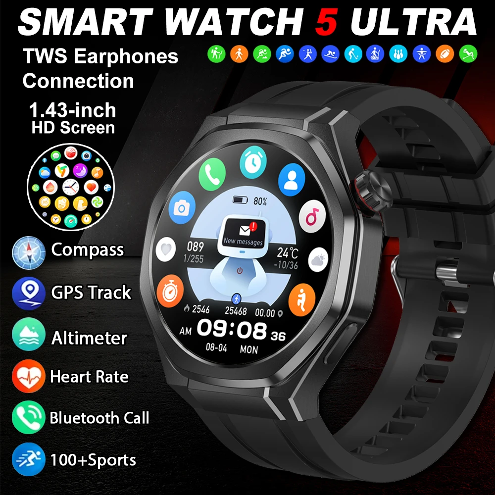 

2026Новые часы 5 Pro, спортивные умные часы на открытом воздухе для мужчин, Bluetooth-вызов, GPS-трек, высота, давление, пульс, здоровье, умные часы