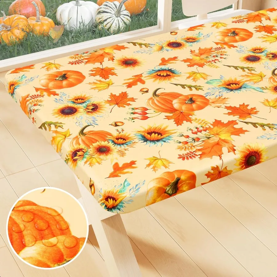 

Plastic Thanksgiving Tablecloth Suower Pumpkin Wipeable Flannel Backed Vinyl Tablecloths for 6 Foot Tables Waterproof Elastic F