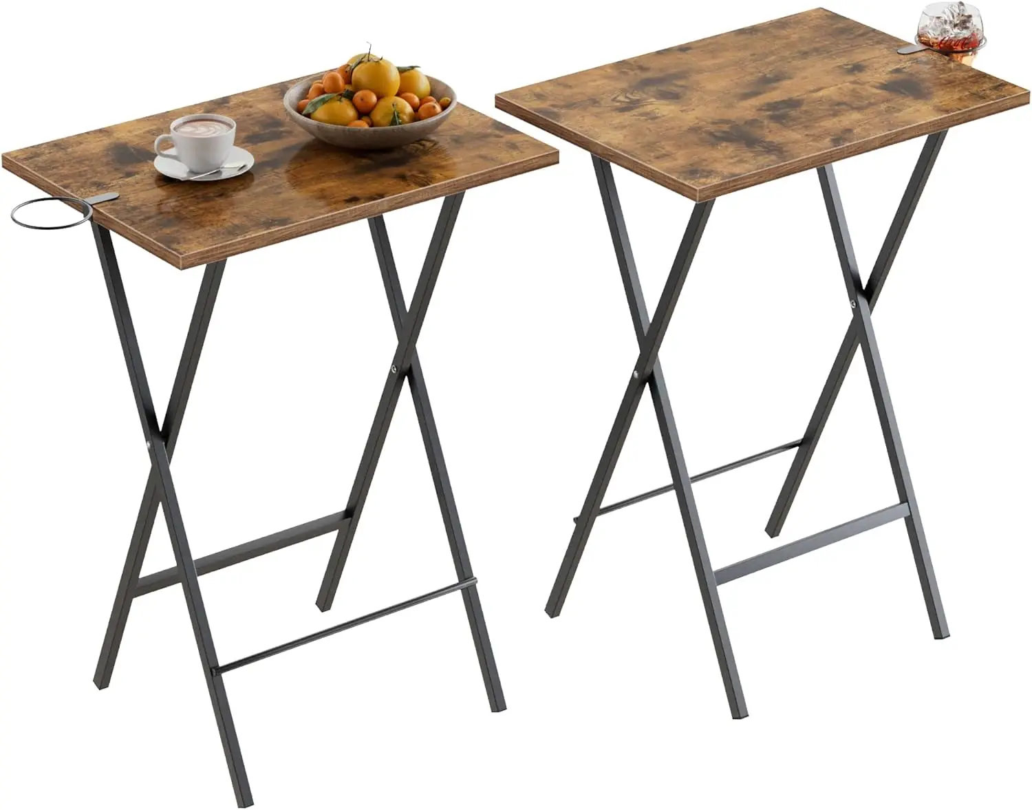 

Folding TV Tray Set of 2 - Portable Snack Table with Cup Holder, Antique Brown