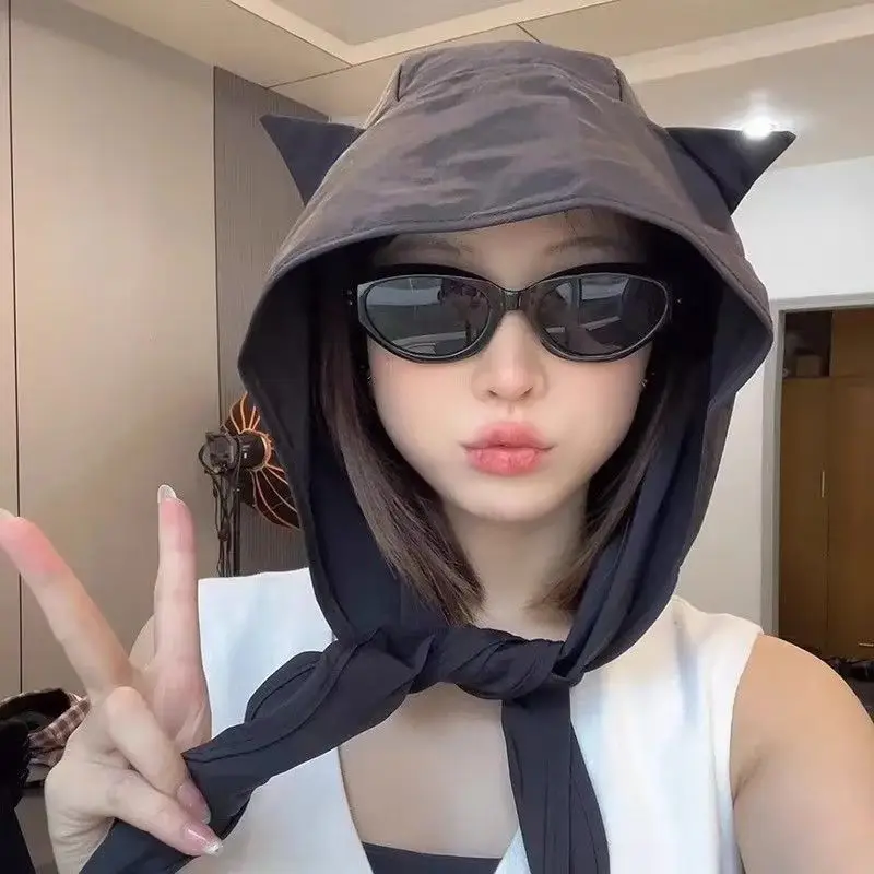 New Little Devil Strap Cat's ears (Steamed cat-ear shaped bread) Sunshade Sunscreen Cap Quick Drying Hat Fashionable Small Face