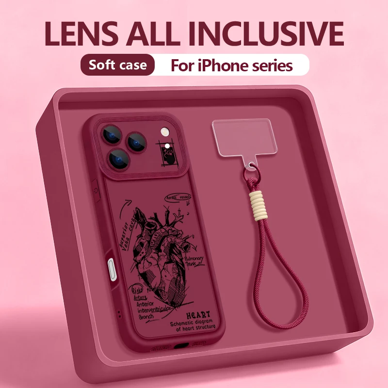 Creative Heart Model Pattern Lanyard Phone Case For iPhone 17 Pro Max 16 14 15 17 12 13 Pro Max Air 16e 11 TPU Wrist Strap Cover