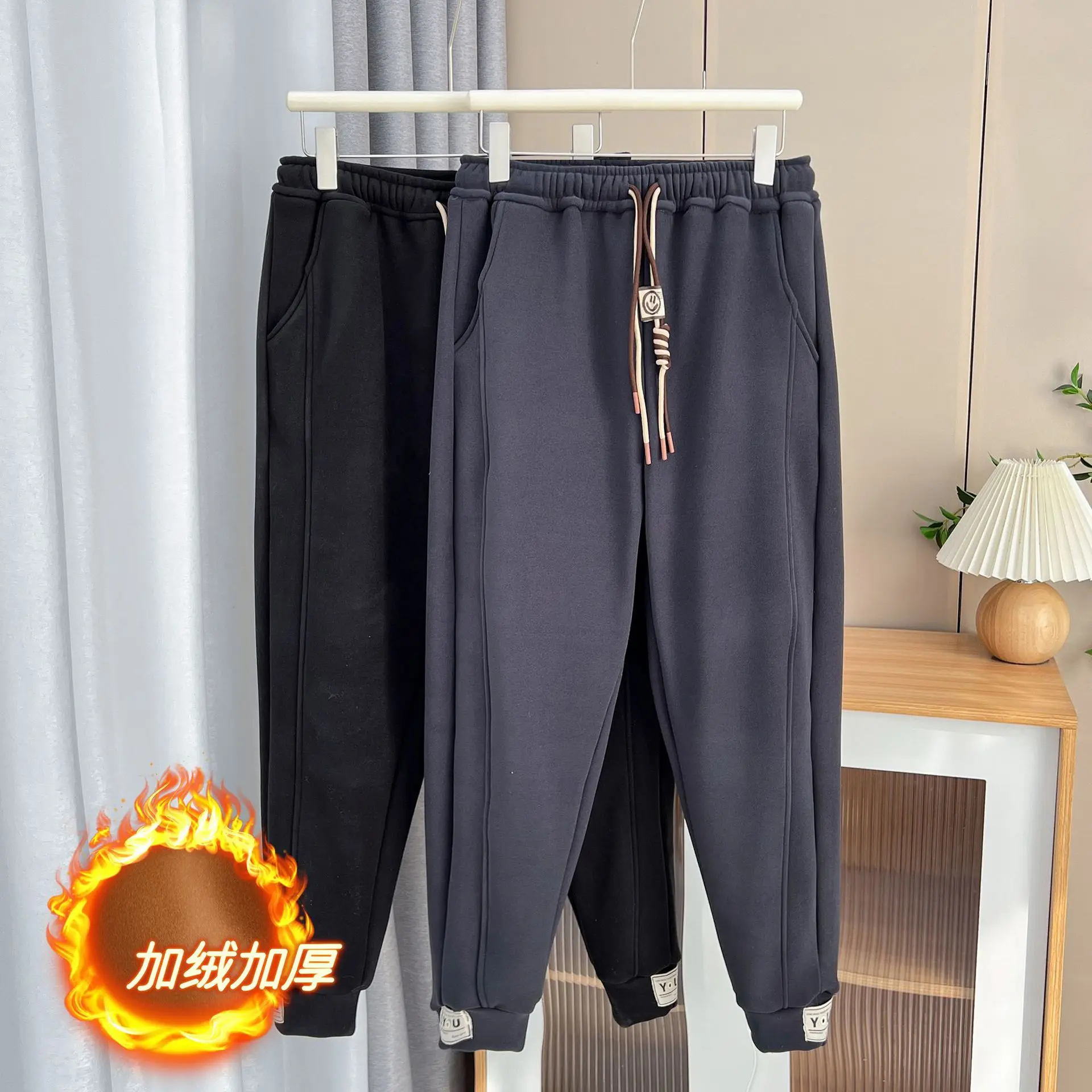 Herfst En Winter 100Kg Trekkoord Label Winddicht Sport Fleece Warme Joggingbroek Plus Size Dames Harem Broek 1888