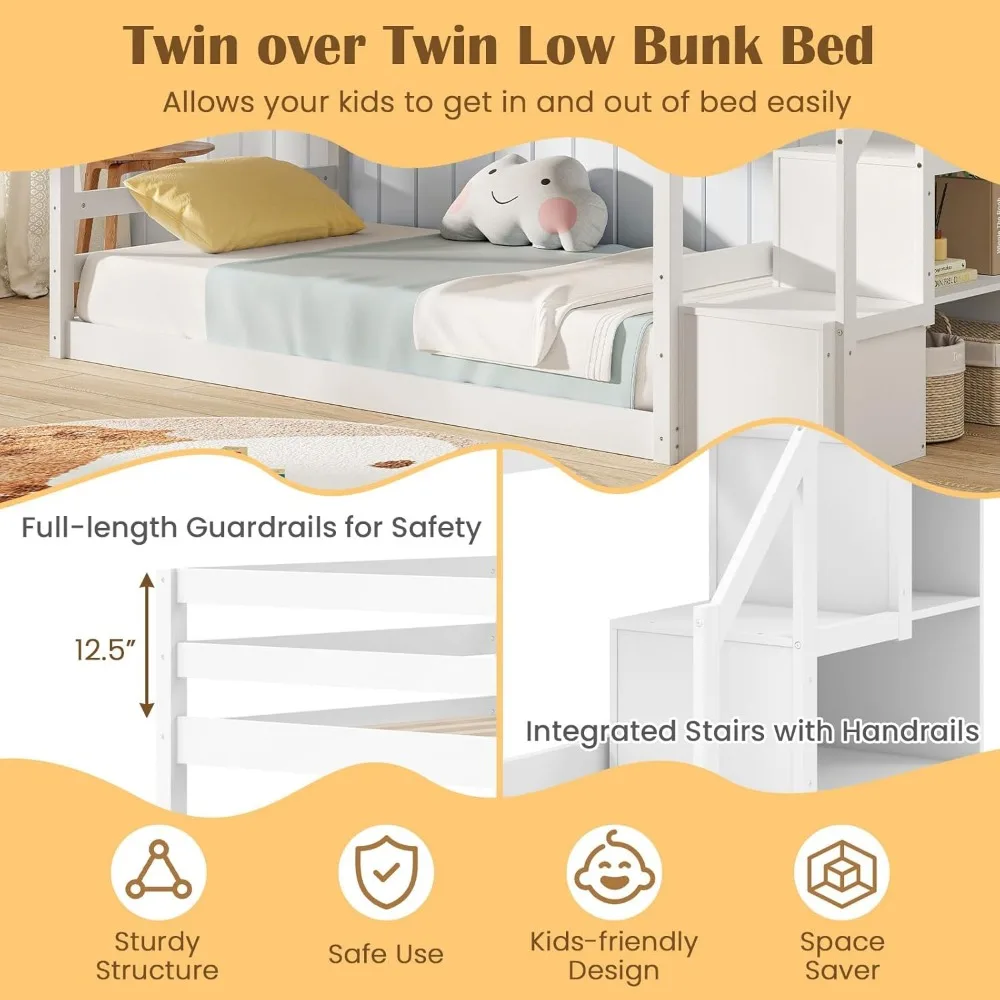 Twin Over Twin Bunk Bed with Stairs, Solid Wood Floor Bunk Bed with Storage Staircase & Full-Length Guardrails, Low Bunk Beds