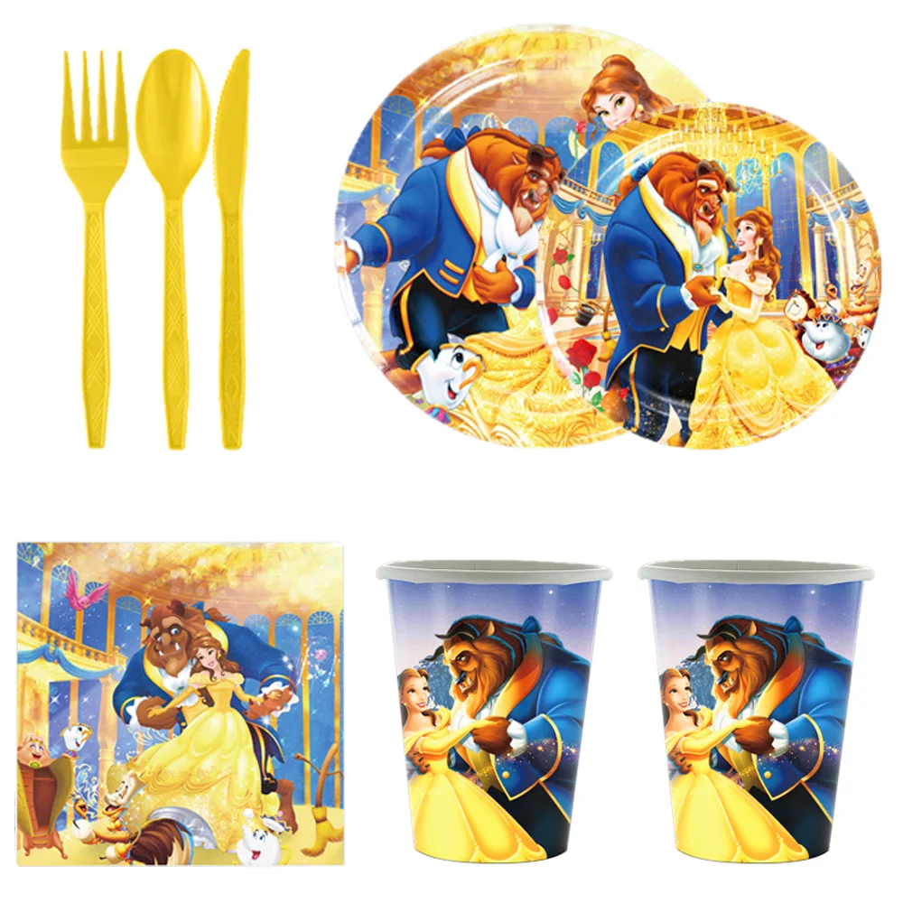 Cute Beauty and the Beast Theme Birthday Decorations Party Disposable Tableware Paper Napkins Cups Plates Tablecloths Straw