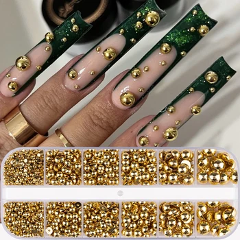 12Grid/box 3D Gold Silver Half-Round Steel Beads Nail Charms 2-8MM Flatback Pearl Caviar…
