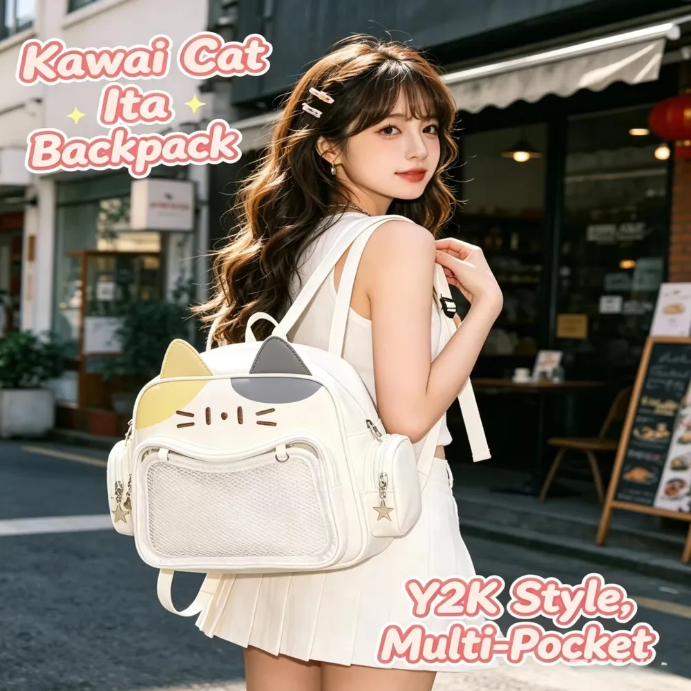 Y2K Kawaii Cat Itabag for Women Korean Fashion PU Transparent Pocket Shoulder Crossbody Backpacks Item Bag Travel Bag Anime Fans