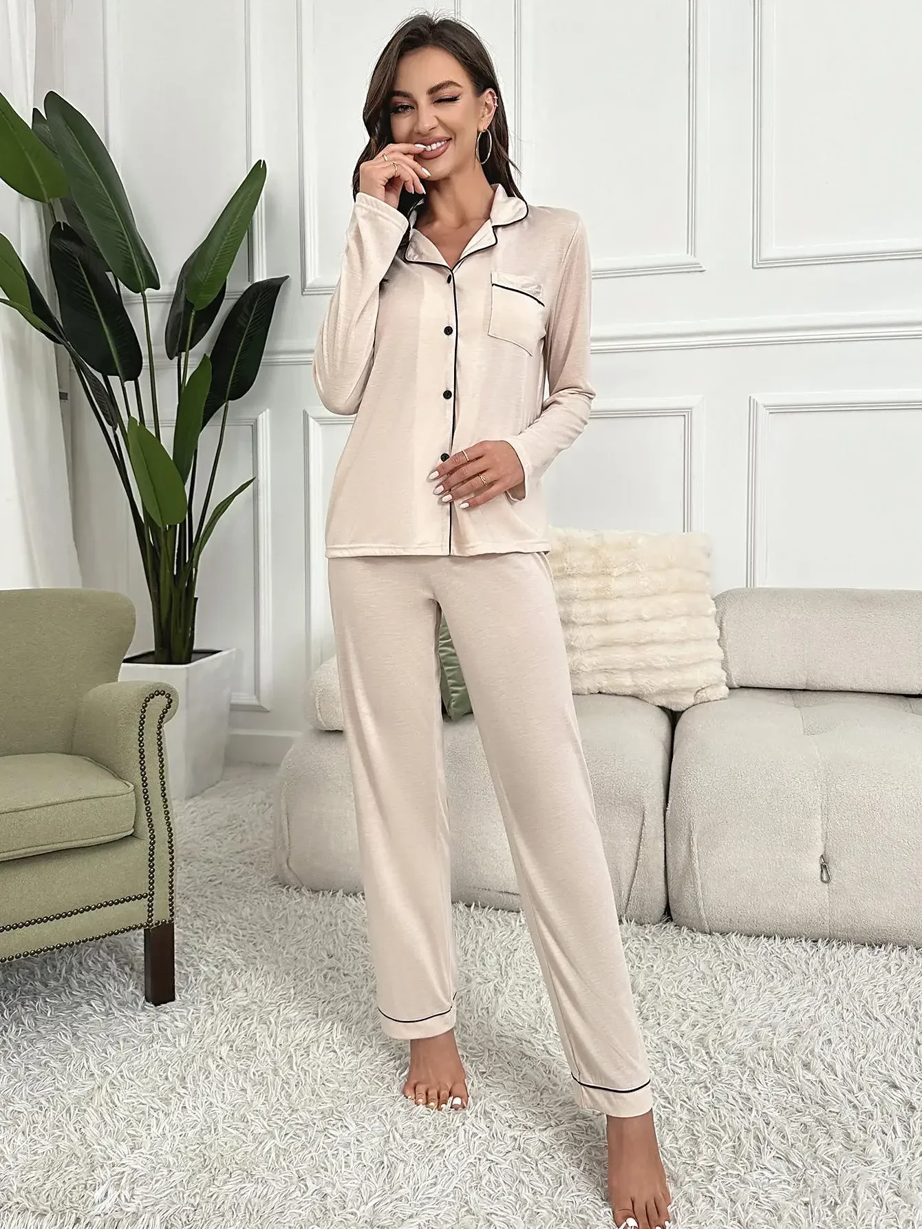 Solid Women Pajama Set Front Button Long Sleeve Top&Full-Length Pants Notched Collar 2 Piece Sleepwear Nightwear Homwear Cloth