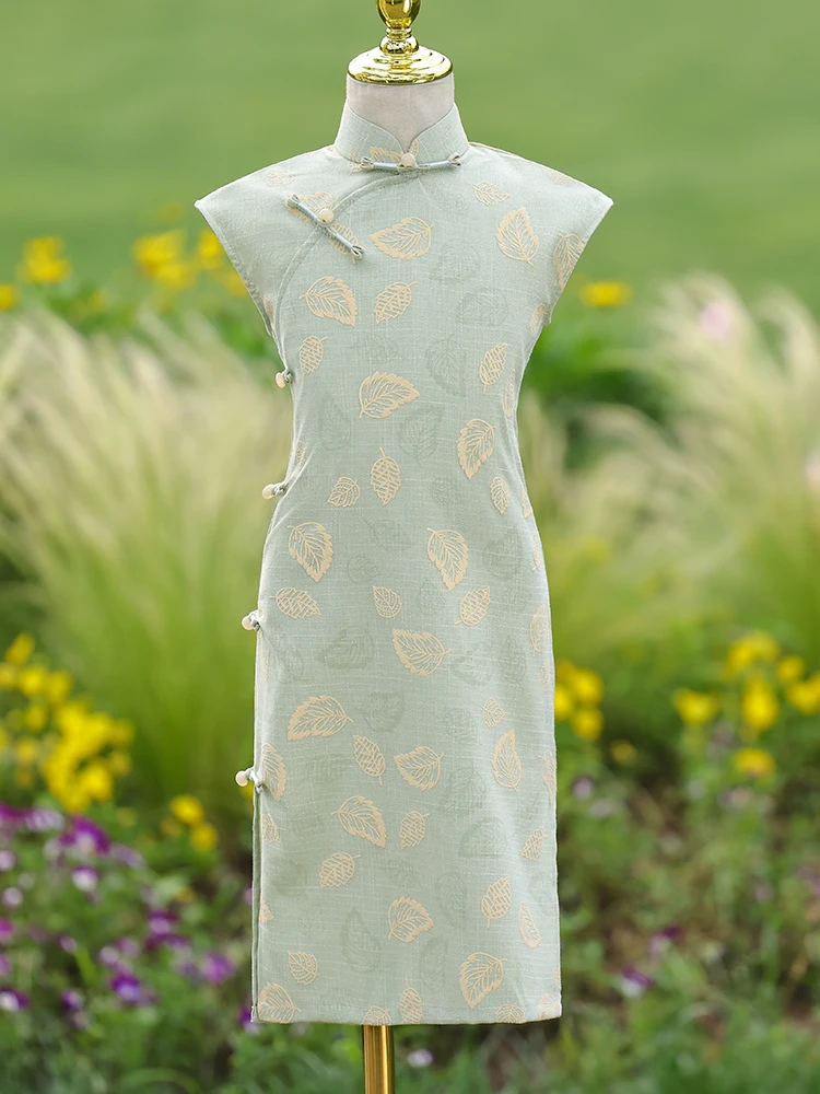 new-chinese-style-children's-dress-girls-summer-performance-clothing-low-slit-sleeveless-medium-length-skirt