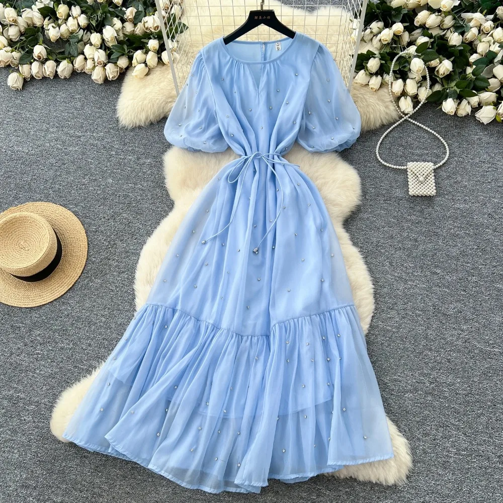 Chic vintage Sexy lantern sleeve rhinestone mesh Fairy Summer  Women Boho Sundress women clothing Long dress