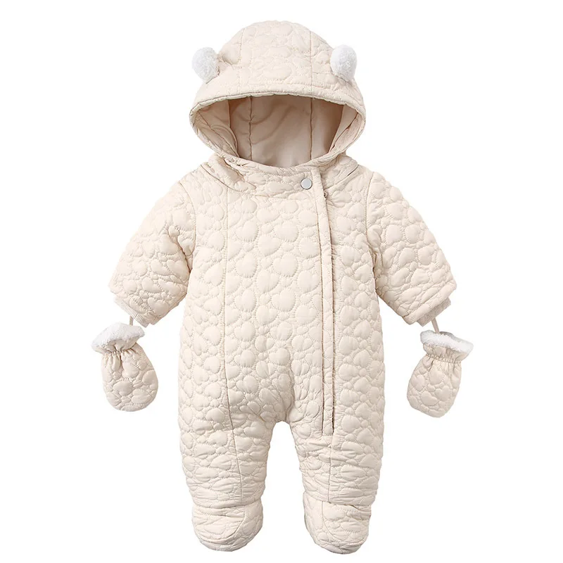 2024 New Winter Baby Rompers Thick Warm Infant Hooded Inside Fleece Jumpsuit Newborn Boy Girl Overalls Toddler Clothing Set