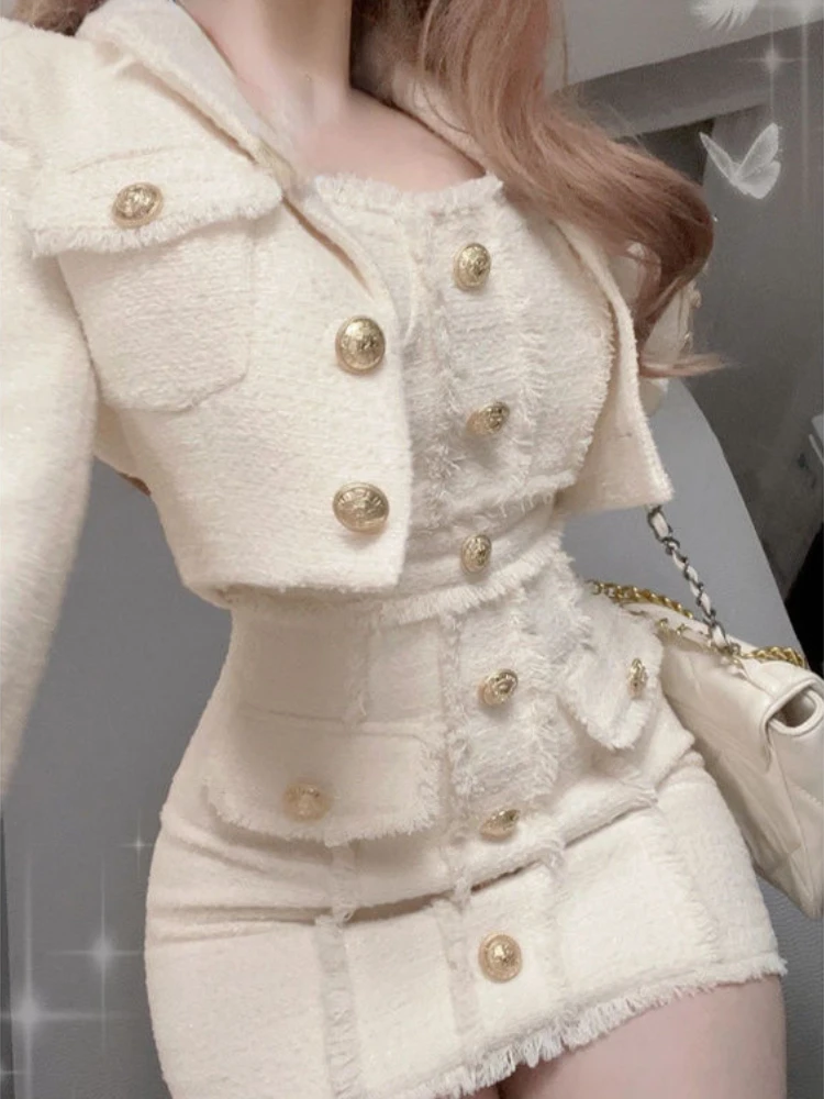 2024 Spring New French Elegant Suit Woman Slim Short Coat + Party Korea Fashion Sleeveless Dress Y2k Mini Skirt Suit Office Lady