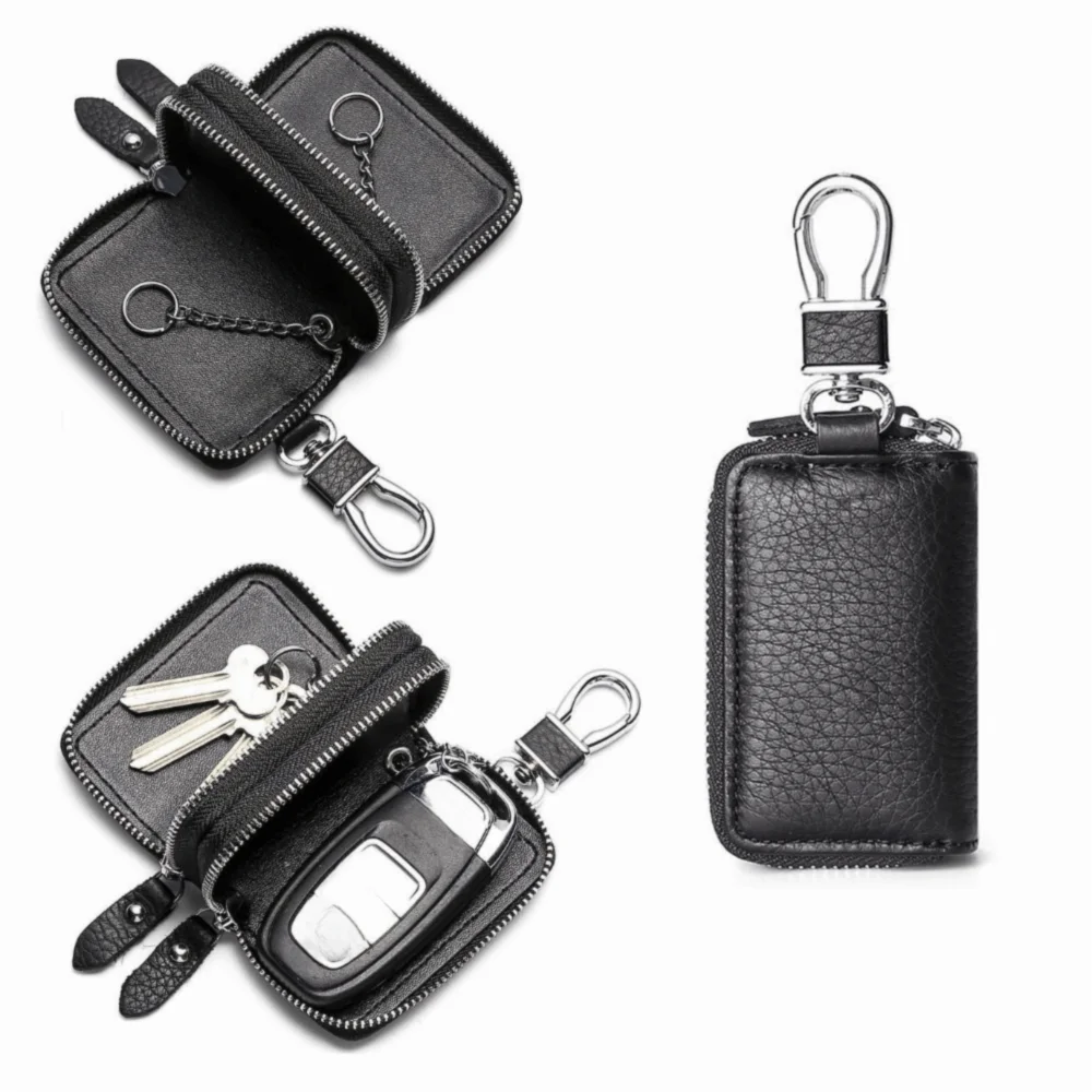Leather Car Key Case Multifunctional Double Pocket Car Keychain Bag Zipper Closure Solid Color Key Holder Wallet Car Use