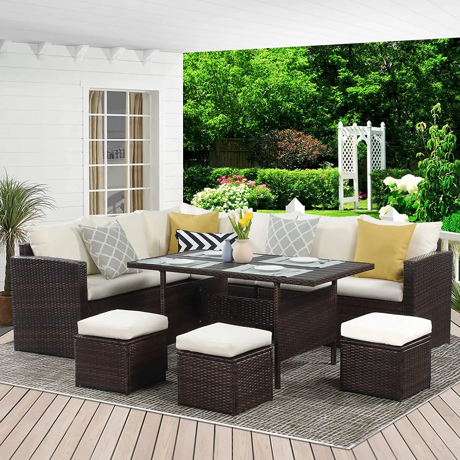 

7PC Galvanized Steel PE Rattan Dining Sectional Set w/ 9-Seater Table, Thick Sponge Cushions & Ottoman, for Patio/Garden/Balcony