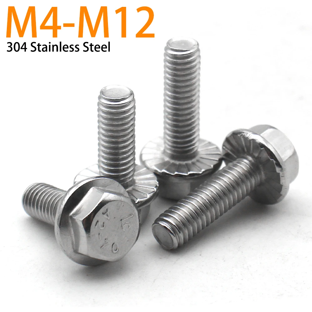 2-30pcs M4 M5 M6 M8 M10 M12 A2-70 304 Stainless Steel Flange Head Bolt Hexagon Hex Head with Serrated Washer Cap Screw GB5787