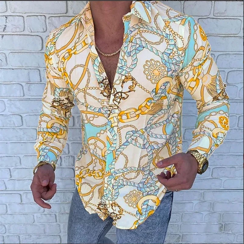 Fashionable Men's Shirt Casual Striped 3D Chain Printed Long Sleeve Top Men's Top High Quality Fashion Top