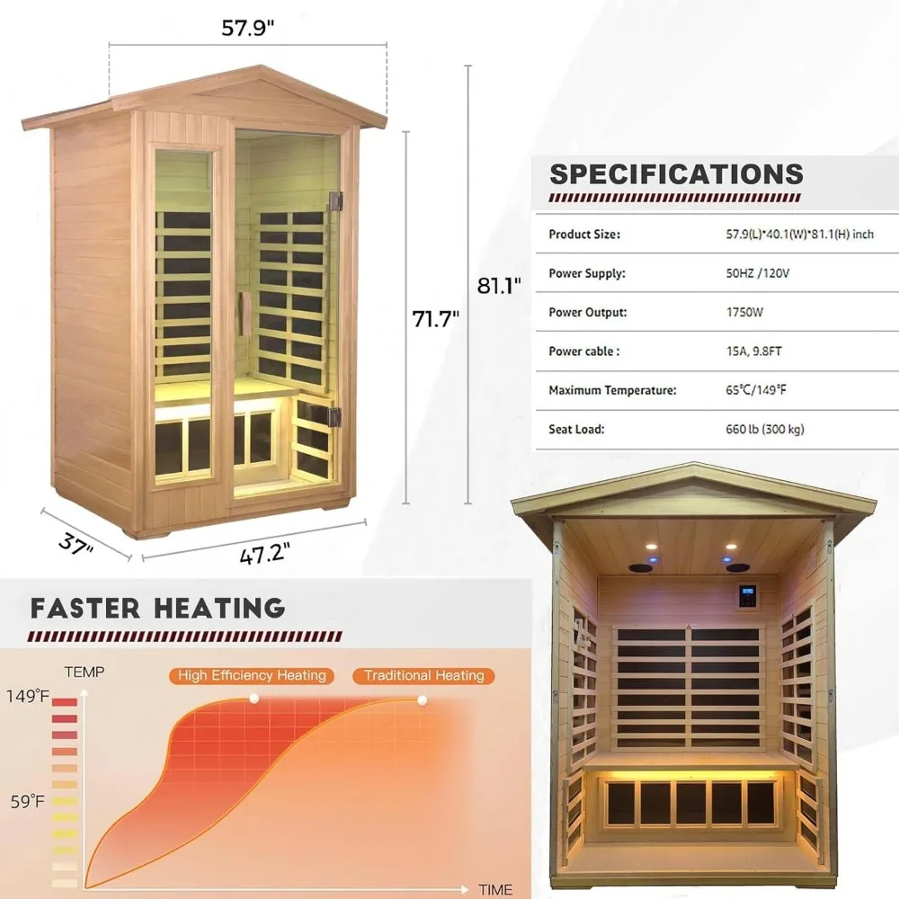 Sauna externa, sauna infravermelha distante para 2 pessoas, sauna de madeira de basswood para casa com 8 saunas caseiras emf baixas, 2 luzes de leitura LED