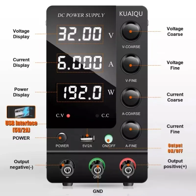 Adjustable Accurately 32V/6A Switch DC Power Supply with Accurate Encoder Adjustment Knob for Measuring,Testing and Repairing