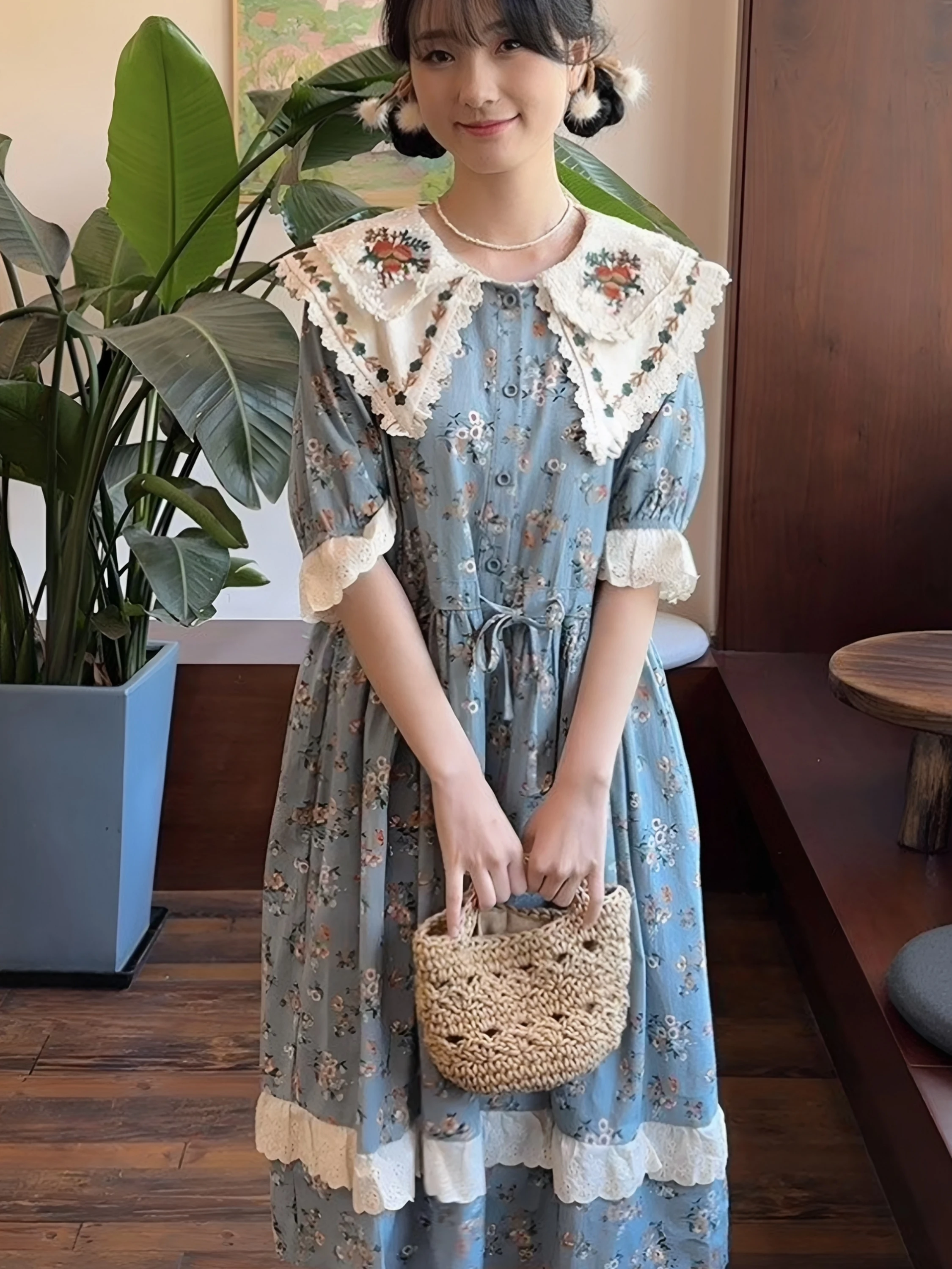 

plus Size 300 Pounds Fat MM Doll Collar Embroidered Loose Short Sleeve Floral Skirt Girl Style Summer Casual mid Length Dress