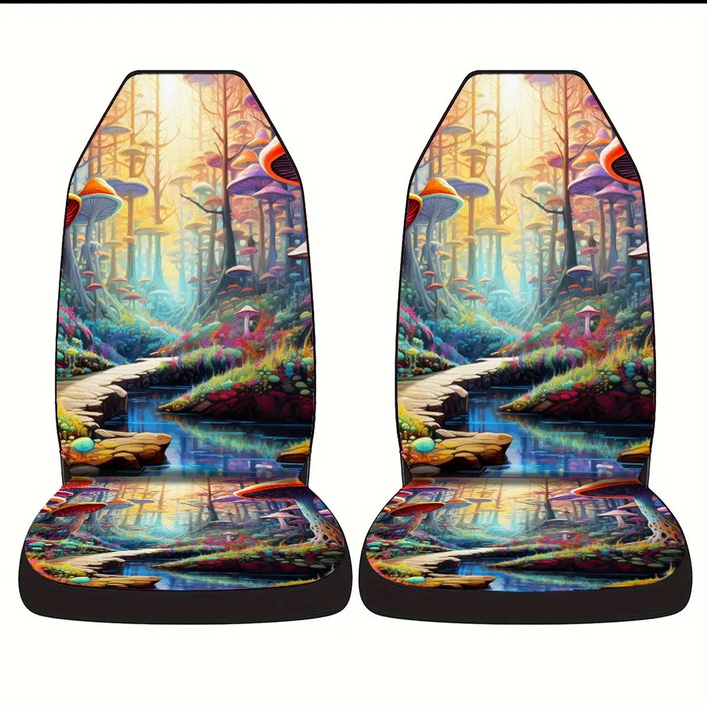Trendy Print Car Seat Covers Full Set Fit Festive All Occasion Premium Mushrooms Forest Stream Design Comfortable Breathable In