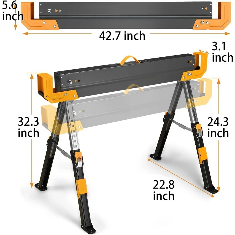 Saw Horses 2 Pack Folding, 2600 Lbs Load Capacity & 24-32 Inch Adjustable Height Heavy Duty Sawhorse Table