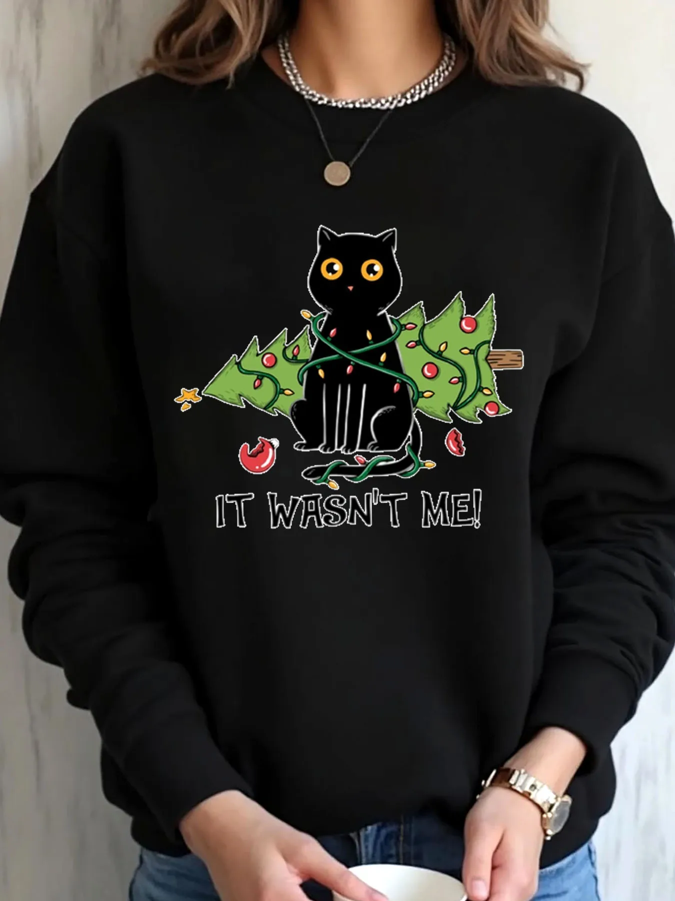

Женская толстовка большого размера с рождественским черным котом и елкой It Wasnt Me, верхняя одежда с принтом
