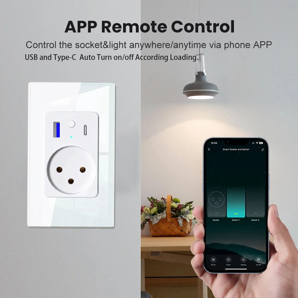 Tuya Wifi Smart Life Israel Power Wall Socket USB 3A Type C PD 30W for Iphone EU Plug Outlet Glass Panel by Alexa Google Home