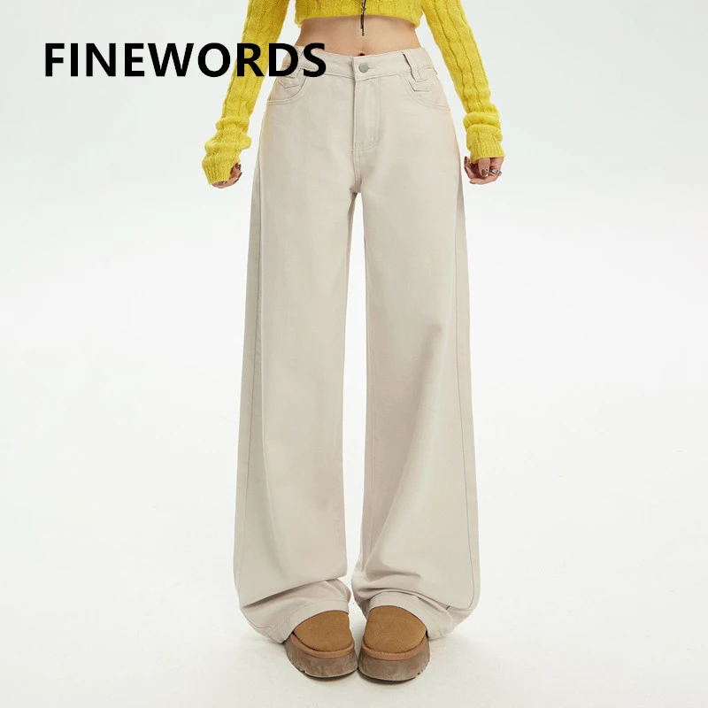 

FINEWORDS Vintage High Waist Beige Jeans Women Casual Wide Leg Jeans Easymatch Korean Full Length Loose Jeans