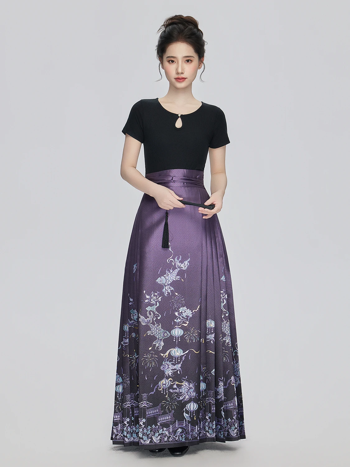 Saia Roxa Feminina Estilo Chinês Novo, Modelo Hanfu, Inspirada na Dinastia Ming, Saia Face de Cavalo, Coleção Star River Han ...