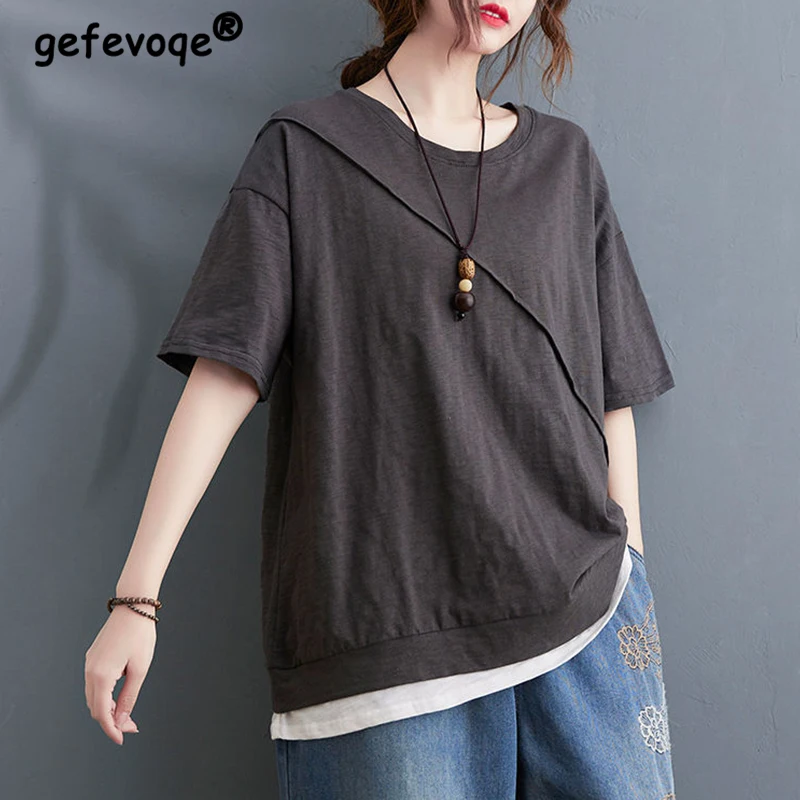 

Summer New Solid Color Patchwork Loose Casual T-shirts Women Short Sleeve Oversized All Match Tops Female Vintage Femme Clothes