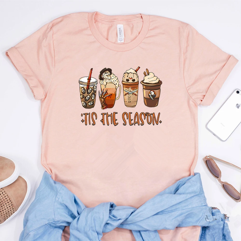 Tis The Season Fall Coffee Shirt Horror Characters Coffee Latte T-shirt Scary Movie Halloween Tees Spooky Season Halloween Tops