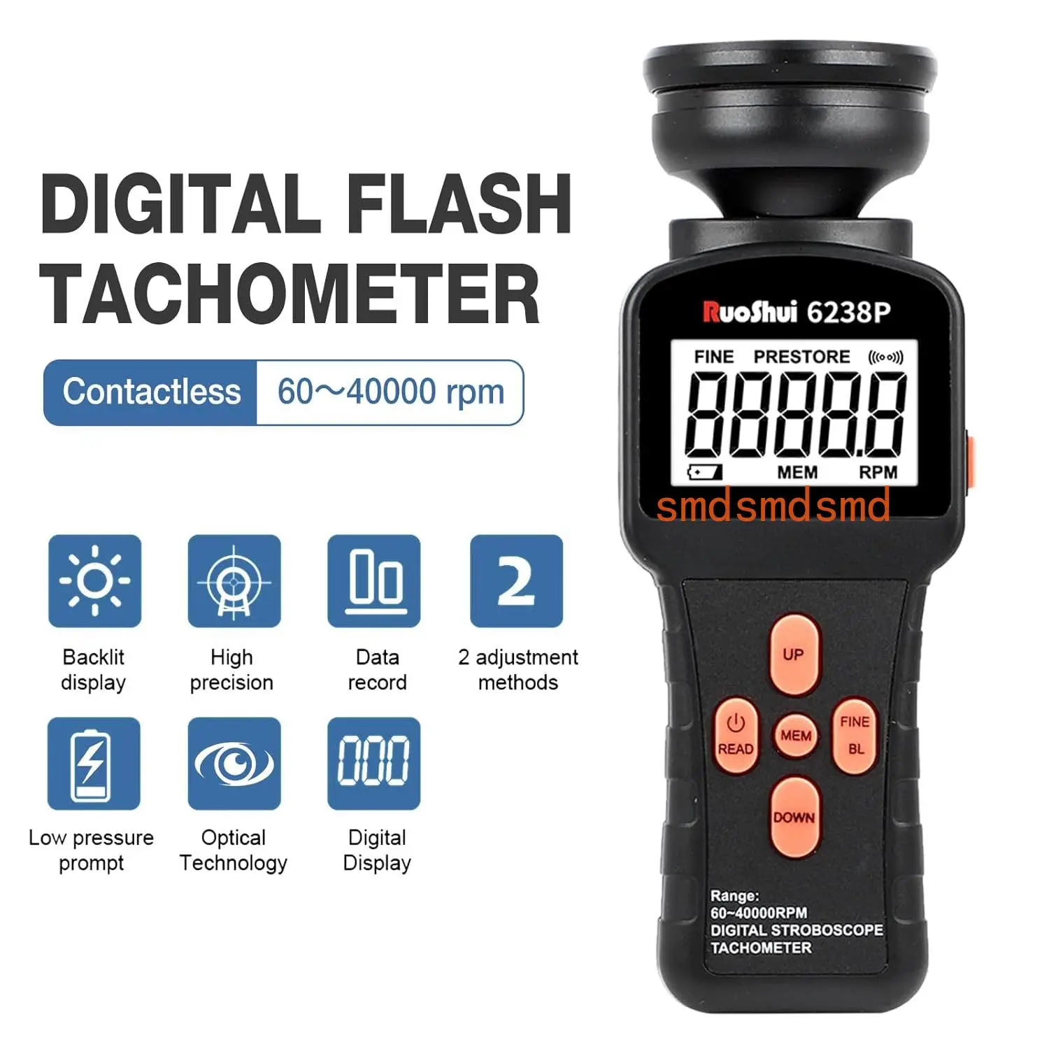 6238P Digital Stroboscope Tachometer LCD Non-Contact Flash Photoelectric Revolution Meter 60-40000 RPM Speedmeter Tester
