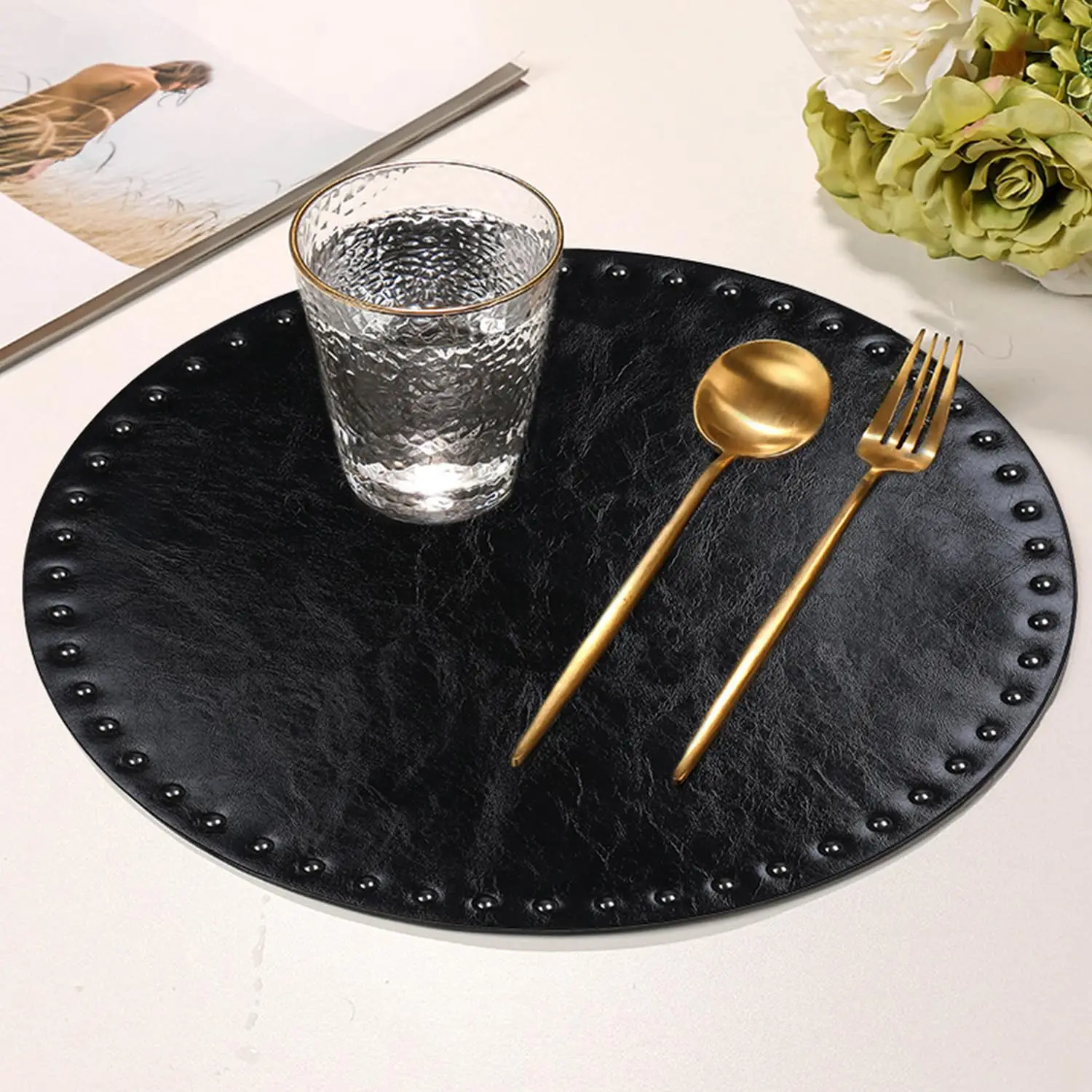 Black Faux Leather Round Placemats Heat Resistant Wipeable Fall Placemats Table Mats with Rivets High Texture Placemat 14 Inch