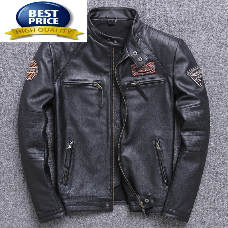 Real Leather 100% Jacket Mens Spring First Layer Cowhide Leather Coat Male Motorcycle Korean Leather Jacket Embroidered Tide FCY